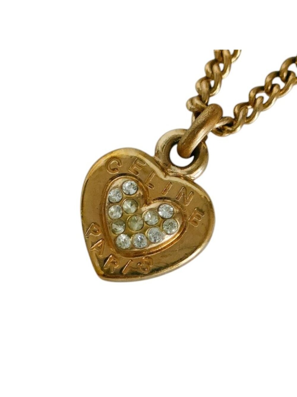 Celine Vintage Heart Logo Rhinestone Chain Pendant Gold